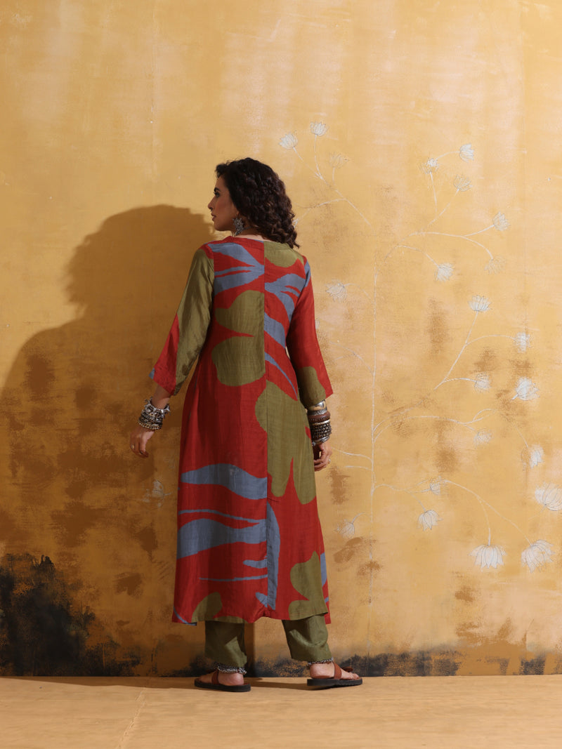 trueBrowns Rust Red Green Floral Print Muslin Silk Angrakha Kurta Set