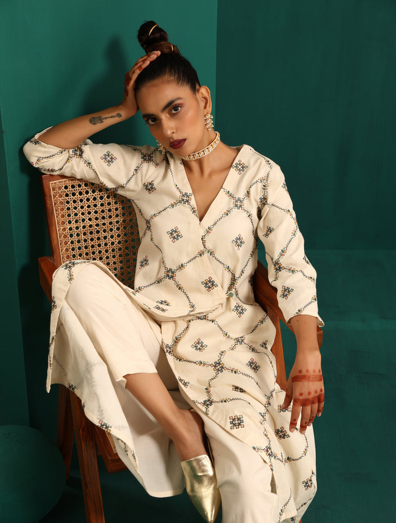 trueBrowns Ivory Rhombus Cotton Angrakha Kurta Pant Set