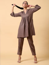 Cotton Linen Burnt Brown Pleated Co-Ord Set - trueBrowns