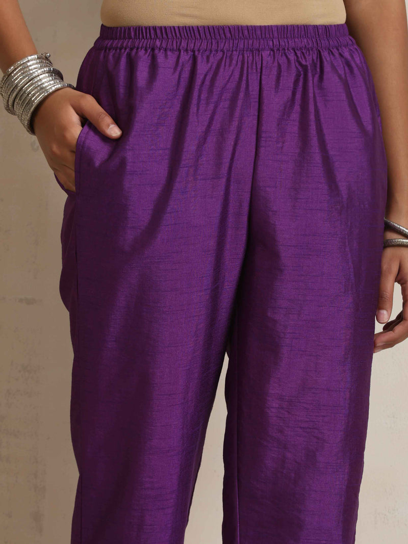 trueBrowns Purple Silk High Slit Kurta Set