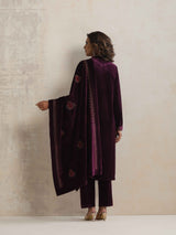 trueBrowns Purple Velvet Floral Embroidered Kurta Pant Dupatta Set