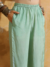 trueBrowns Mint Green Muslin Silk High-Slit Kurta Pant Set