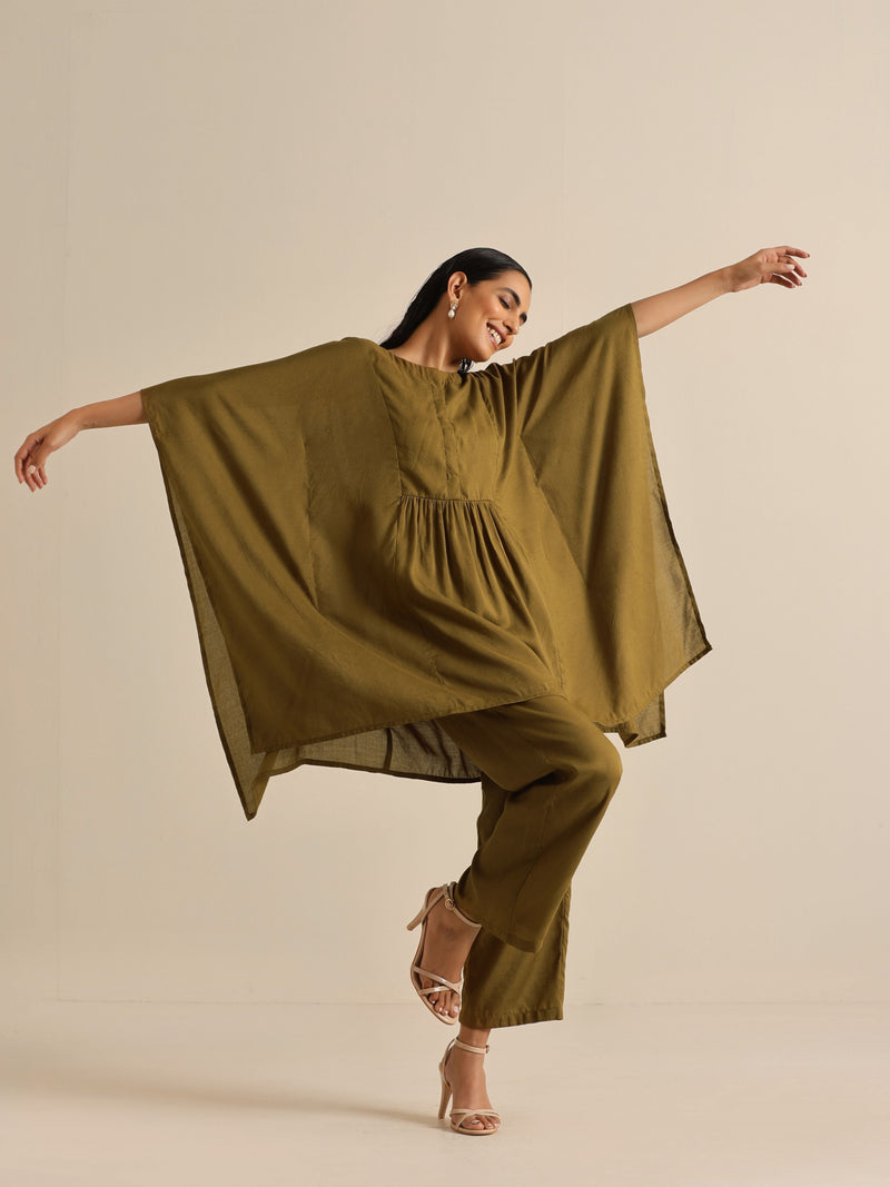 Olive Green Texture Doddy Kaftan Gathered Co-Ord Set