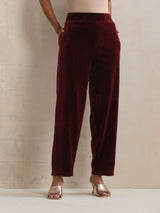 trueBrowns Maroon Velvet Embroidered Kurta Pant Dupatta Set