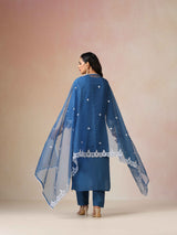 trueBrowns Blue Embroidered Round Neck Straight Kurta 3pc Set