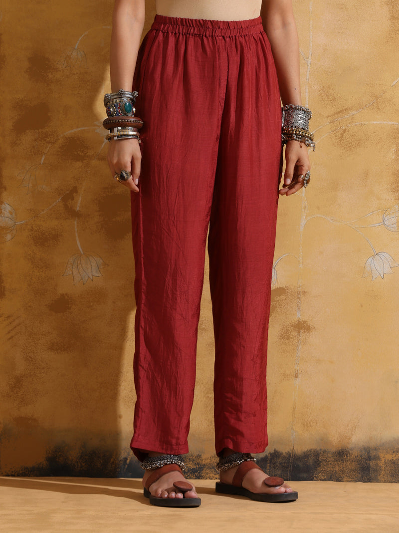 trueBrowns Mustard Rust Red Floral Print Muslin Silk Kurta Co-ord Set