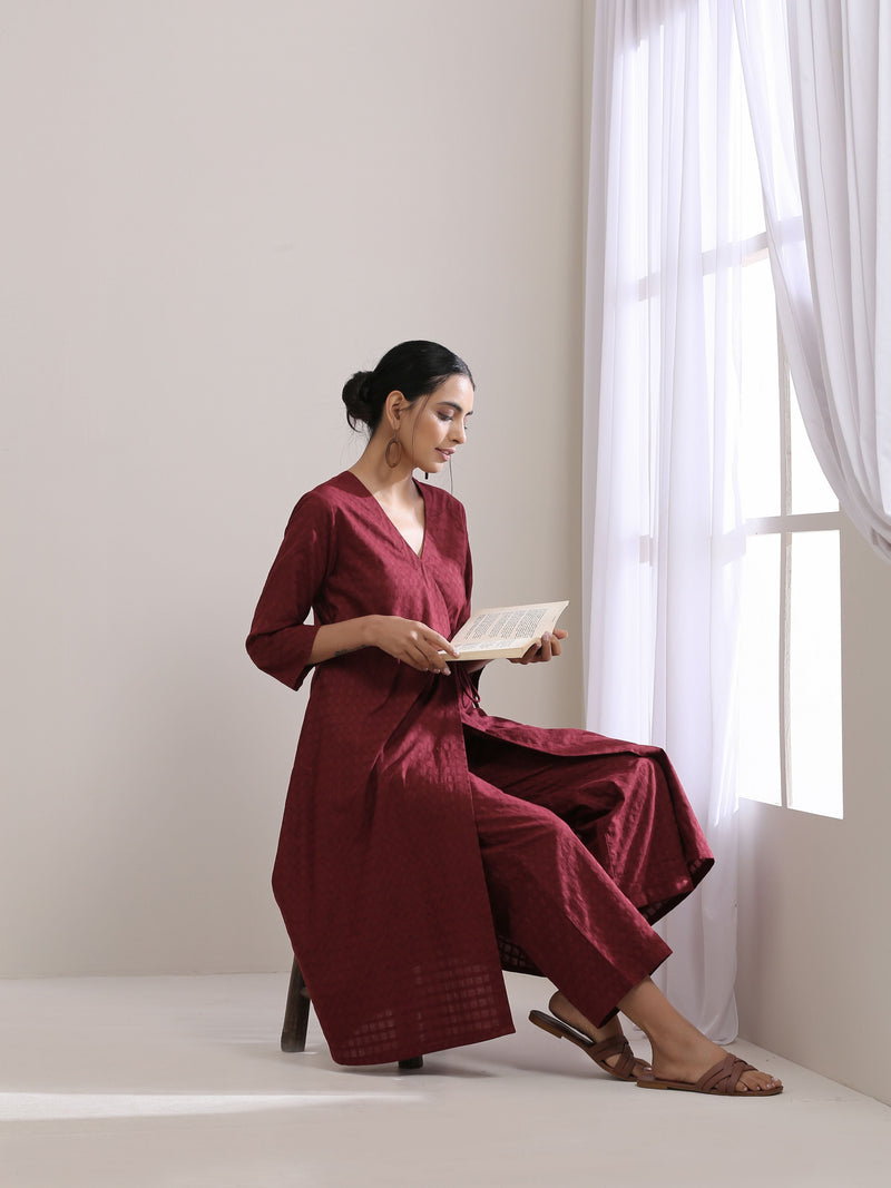 Ruby Wine Dobby Angrakha Pant Set