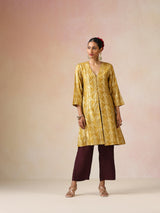 trueBrowns Mustard Gold Foil Print Muslin Silk Fit And Flared Kurta co-ord Set