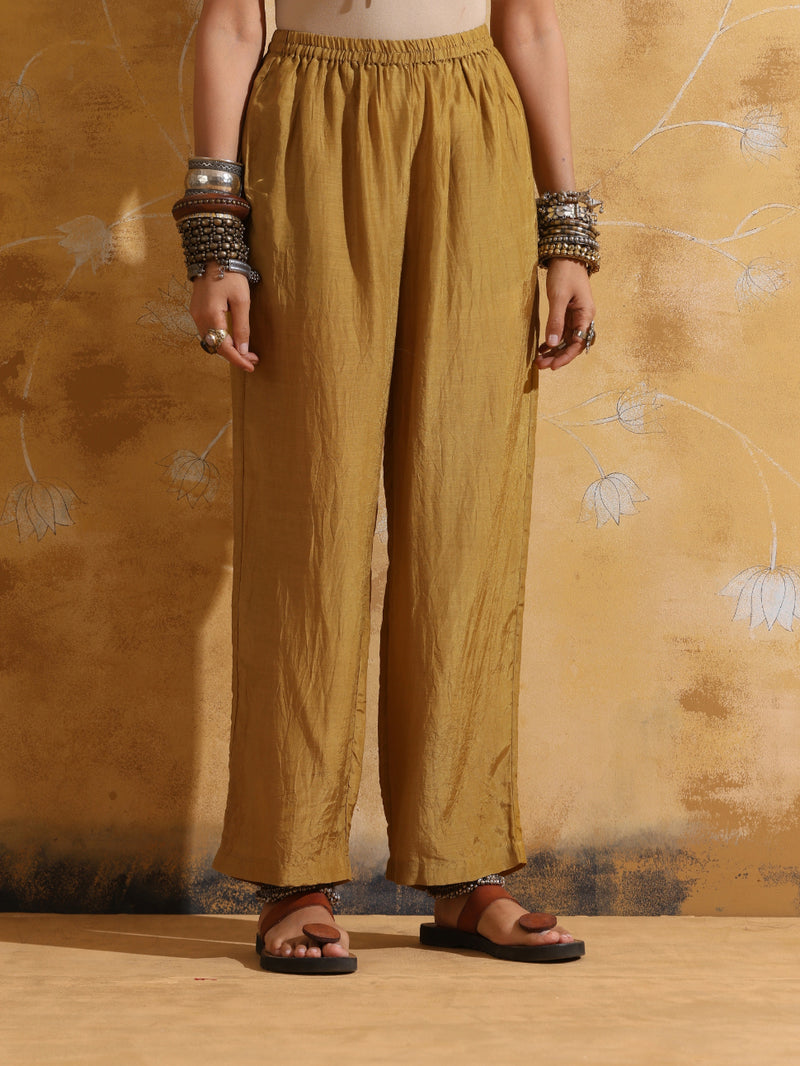 trueBrowns Purple Mustard Floral Print Muslin Silk High-Slit Kurta Set