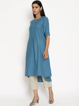 Cotton Linen Steel Blue Kurta Pant Set - trueBrowns