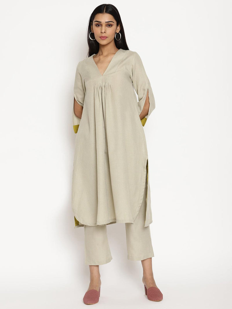 Cotton Linen Light Grey Flared Kurta Pant Set - trueBrowns