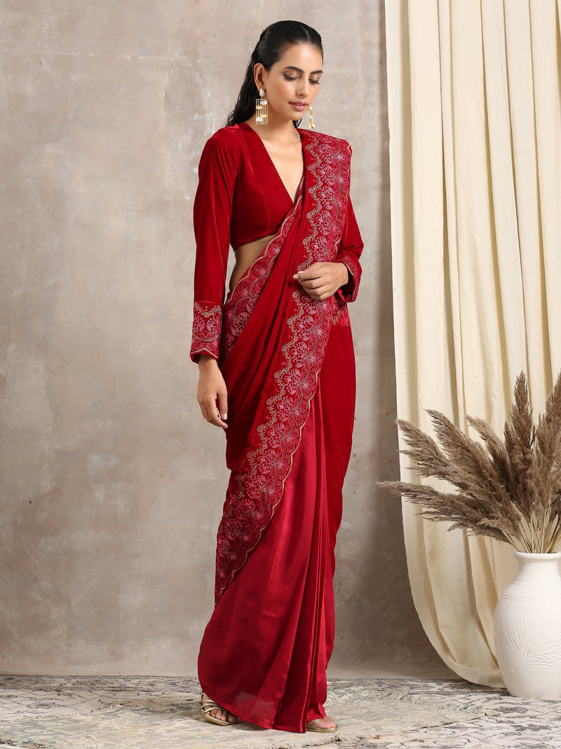 Red Velvet Embroidered Blouse