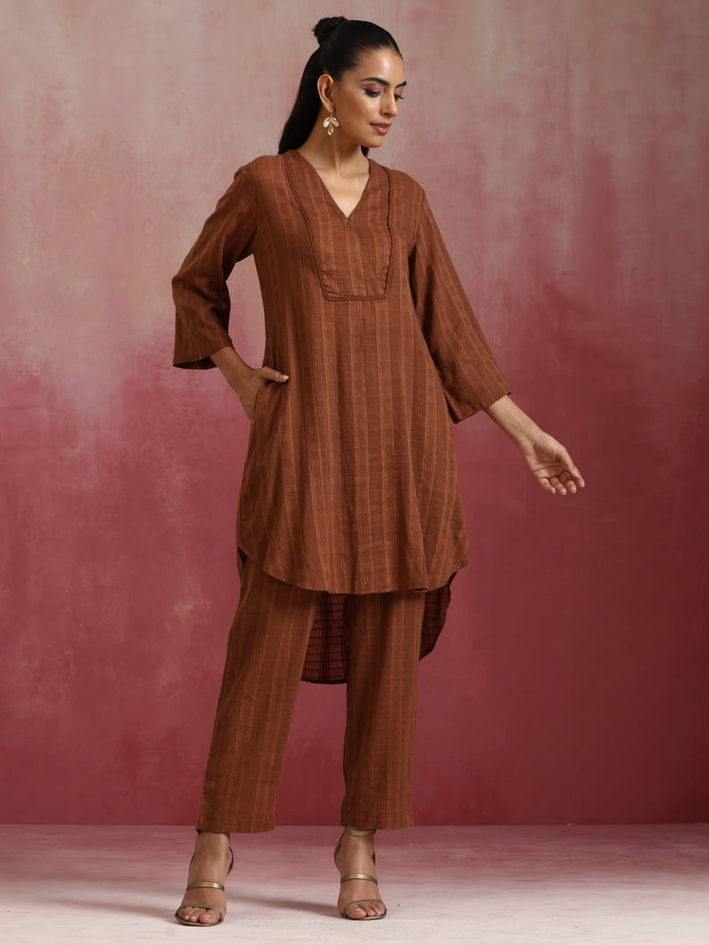 trueBrowns Brown Cotton Dobby Kurta Co-ord set