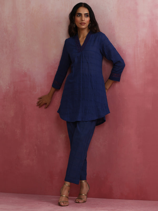 trueBrowns Dark Blue Cotton Dobby Kurta Co-ord set