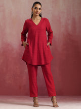 trueBrowns Red Cotton Dobby Kurta Co-ord set