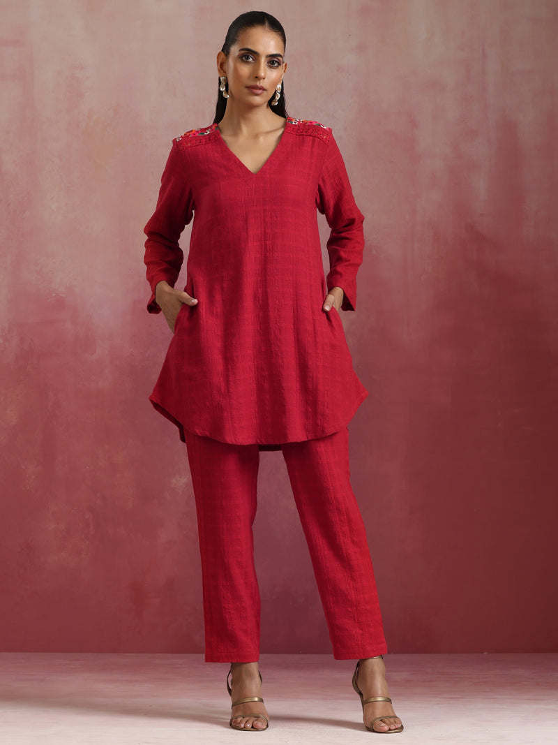 trueBrowns Red Cotton Dobby Kurta Co-ord set