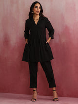 trueBrowns Black Viscose Slub Pleated Kurta Co-ord Set