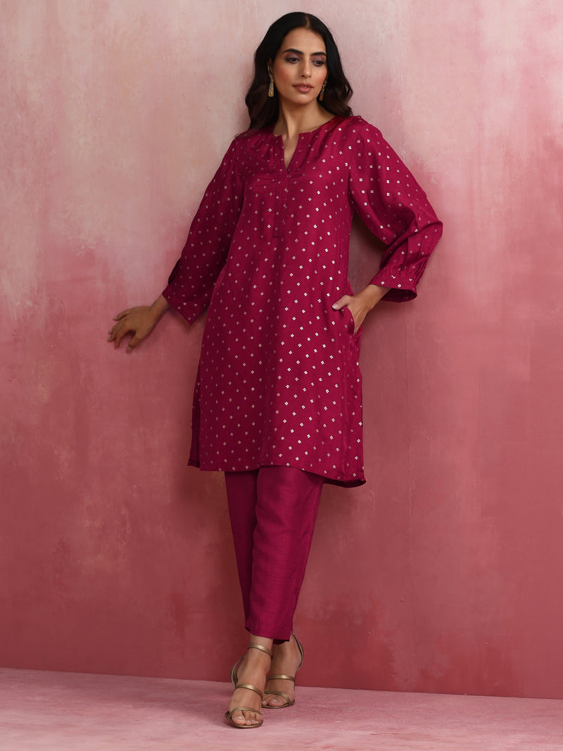 trueBrowns Pink Viscose Silk Kurta Co-ord Set